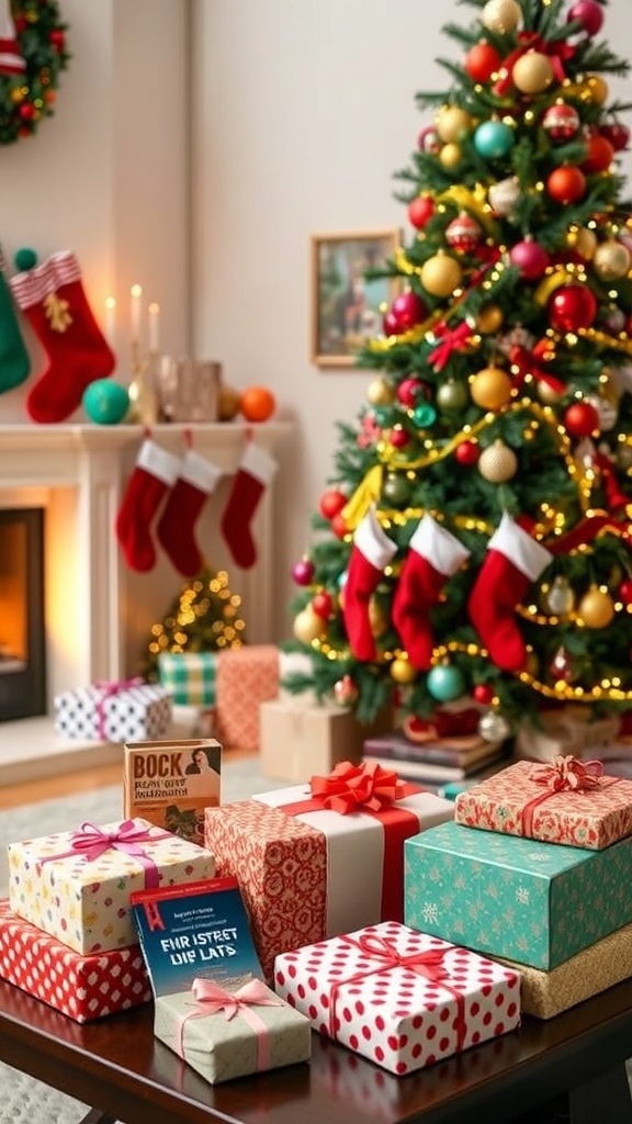 A cozy Christmas living room with a decorated tree and a table of budget-friendly gift ideas.